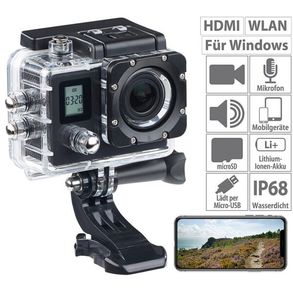 Einsteiger-4K-Action-Cam, WLAN, 2 Displays, Full HD 60 B./Sek., IP68