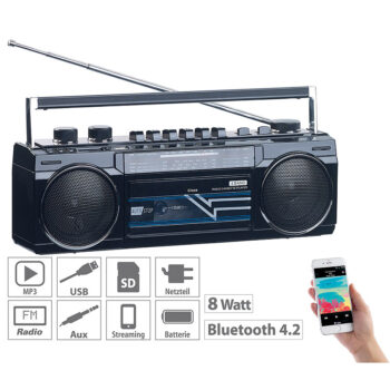 Retro-Boombox mit Kassetten-Player, Radio, USB, SD & Bluetooth, 8 Watt