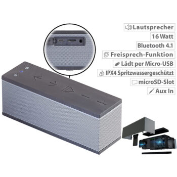 Stereo-Lautsprecher mit Freisprecher, Bluetooth, microSD, 16W, IPX4