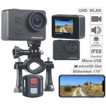 UHD-Action-Cam mit WLAN, Sony-Sensor, wasserdicht ohne Gehäuse, IPX8