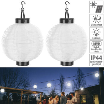 2er-Set Solar-LED-Lampion, Dämmerungs-Sensor, IP44, warmweiß, 20 cm Ø
